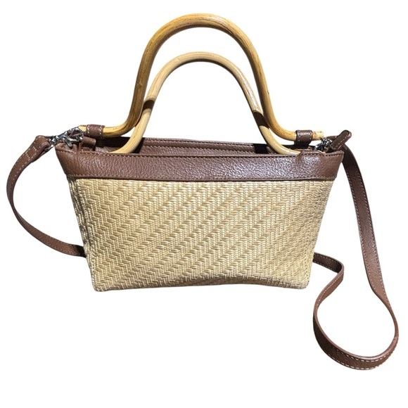 Worthington Brown Leather Woven Bag Set With Wooden Handles cruise tropical - Picture 2 of 9